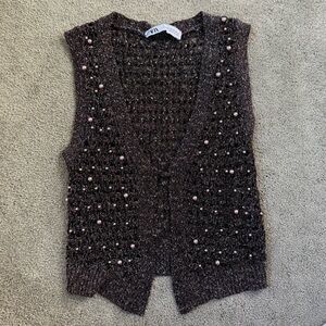 Zara Brown and Metallic Crochet Tank Top with Beading